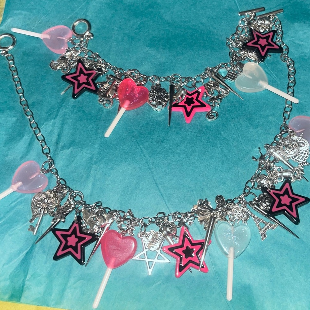 Silver Charm Bracelet with Necklace. Junk style - Picture 1 of 12